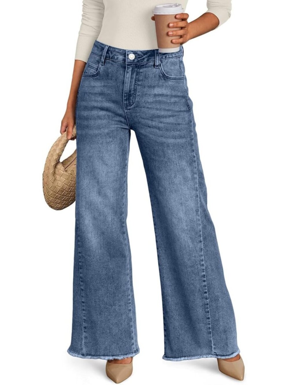 Chic Women's Wide Leg Jeans, Relaxed Fit with Raw Hem - Trendy Casual Pants